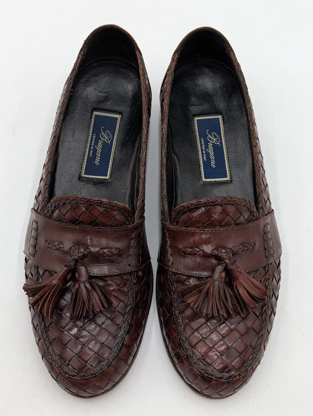 Bragano Size 10M Men's Oxblood-Brown Woven Leather Tassel Loafers Made in Italy